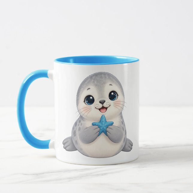 Caneca Foca Bebê Fofa com Estrela-do-Mar Azul (Esquerda)