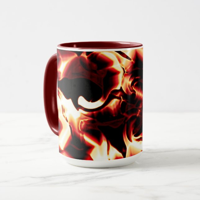 Caneca Fogo esculpida sobre fundo vermelho mais escuro (Frente Esquerda)