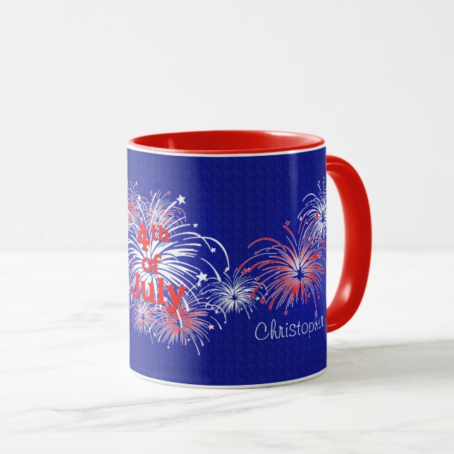Caneca Fogos de artifício vermelho, branco e azul 4 de ju (Frente Esquerda)