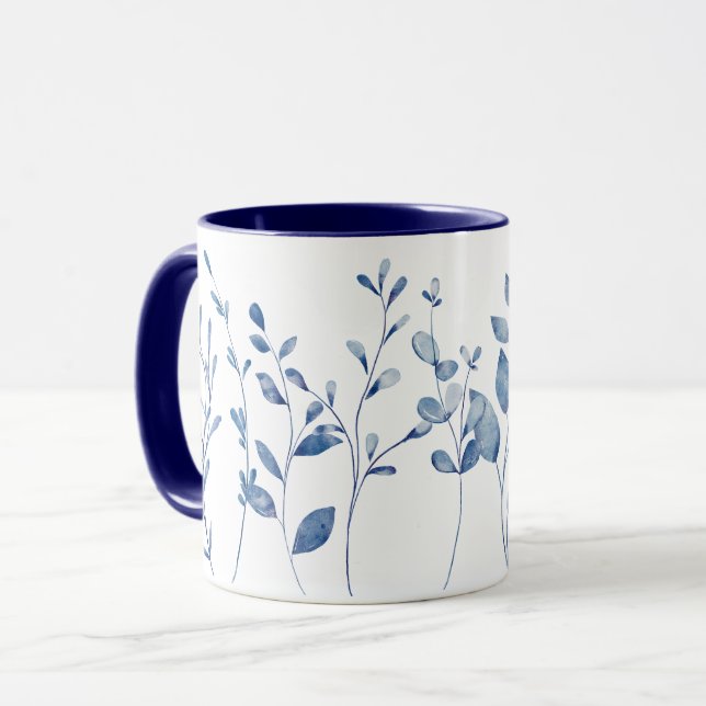 Caneca Folhas Azuis Aquarela (Frente Esquerda)