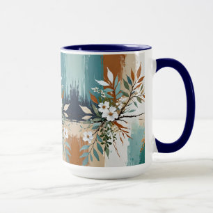 Caneca Folhas Coloridas Abstrato Floral Teal Blue Rust Ta