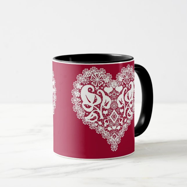 Caneca Folhas de coração vermelho de renda floral dia dos (Frente Esquerda)