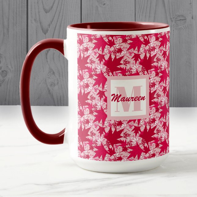 Caneca Folhas de Mapeamento em um Plano de Fundo Rosa (Red and White Maple Leaves on a pink background - Mug - by The Canadian Outpost)
