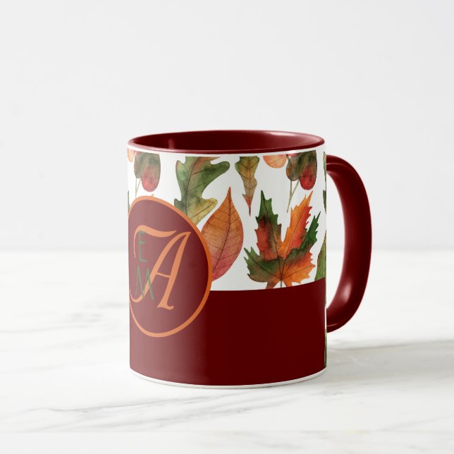 Caneca Folhas de Outono Monogramadas Decoração de Outono  (Frente Esquerda)