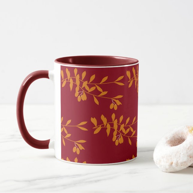 Caneca Folhas do ramo da silhueta laranja em vermelho (Com Donut)