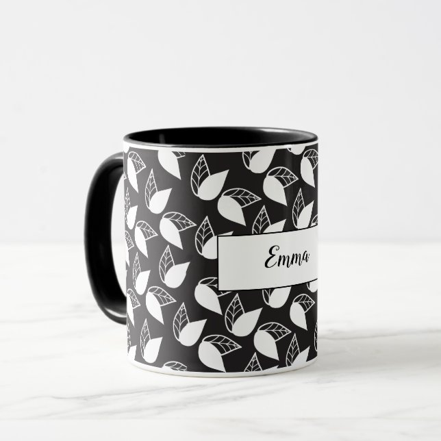 Caneca Folhas preto e branco personalizadas (Frente Esquerda)