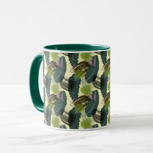 Caneca Folhas tropicais e flores de aquarela.