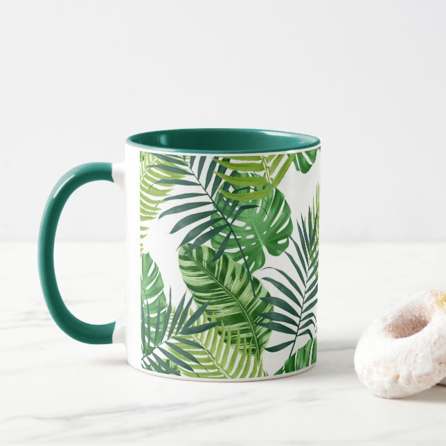 Caneca Folhas Tropicais Verdes (Com Donut)