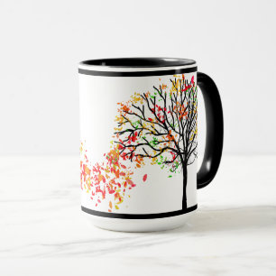 Caneca Folhas vermelhas, laranja, amarelas, árvores negr
