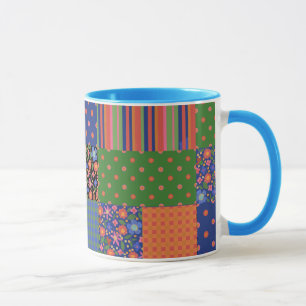 Caneca Folk Art Style Faux Patchwork Ringer Coffee Mug