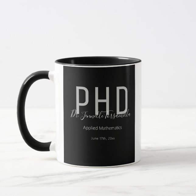 Caneca Formando Preto Nome Grau PhD Mug (Esquerda)