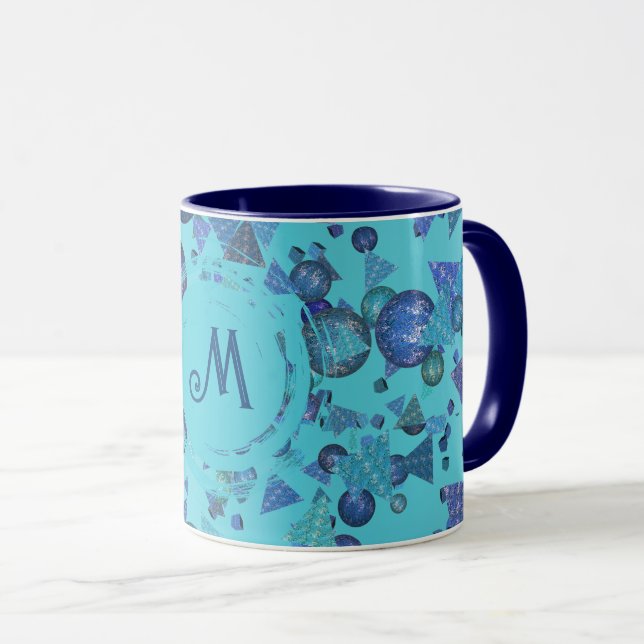 Caneca Formas geométricas modernas com monograma em azul (Frente Esquerda)
