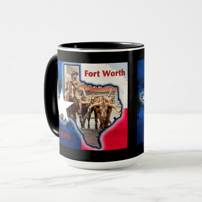 Caneca Forte Worth Stock Yards Texas Graphic em preto, Mu (Frente Esquerda)
