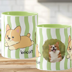 Caneca Foto Adorável do Corgi Nome Listras Onduladas Verd