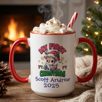 Caneca Foto Bebê Primeiro Natal Santa Veado Personalizar