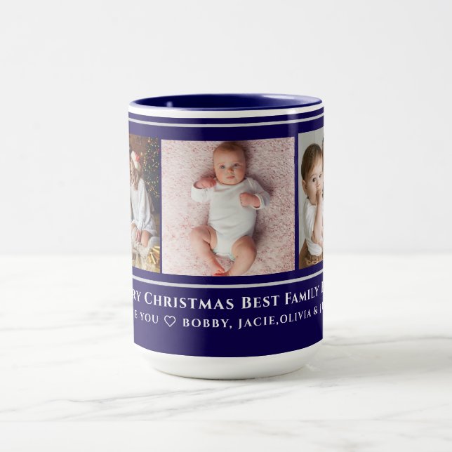 Caneca Foto da família Blue & Cinza 3 Feliz Natal (Centro)
