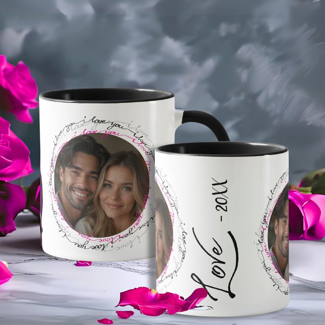 Caneca Foto de amor em círculo simples moderno preto (Modern Simple Circle Love Photo black Mug)