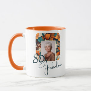 Caneca Foto de Aniversário 80 e Fabuloso com Padrão de Fl