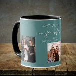 Caneca Foto de aniversário melhores amigos nomes ciano ve<br><div class="desc">Um presente de amigos para a aniversário de 21 anos de uma mulher, celebrando sua vida com 3 fotos suas, de seus amigos, família, interesses ou animais de estimação. Personalize e adicione seu nome, 21 anos e seus nomes. Um fundo verde, de cor ciana escura. O nome dela é escrito...</div>
