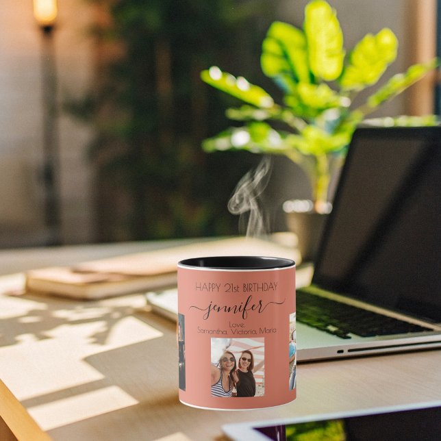 Caneca Foto de aniversário melhores amigos nomes terracot (Criador carregado)