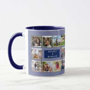 Caneca Foto de Casamento Colagem Azul e Folga Branca Stri