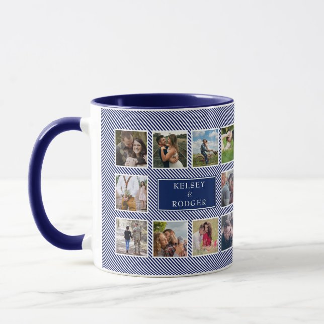 Caneca Foto de Casamento Colagem Azul e Folga Branca Stri (Esquerda)