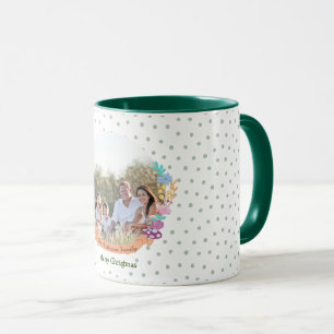 Caneca Foto de Natal Branco de Fora Floral de Gato Bonito