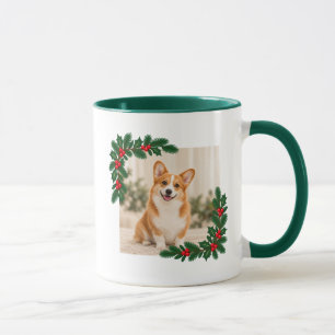 Caneca Foto de Natal de Corgi e Nome com Chapéu de Papai