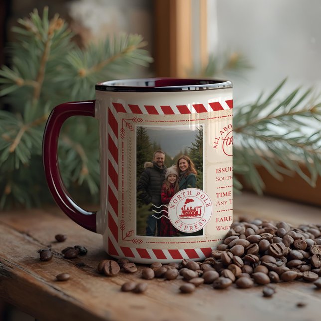 Caneca Foto de Natal do Bilhete de Comboio Expresso do Po (North Pole Express Train Ticket Christmas Photo Mug)