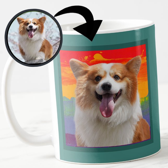 Caneca Foto do Cachorro Moderno Chic no Fundo do Arco-Íri (Criador carregado)
