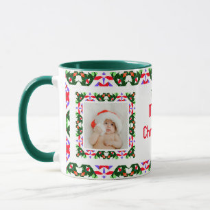 Caneca Foto do padrão verde de Natal Jolly Personalizado