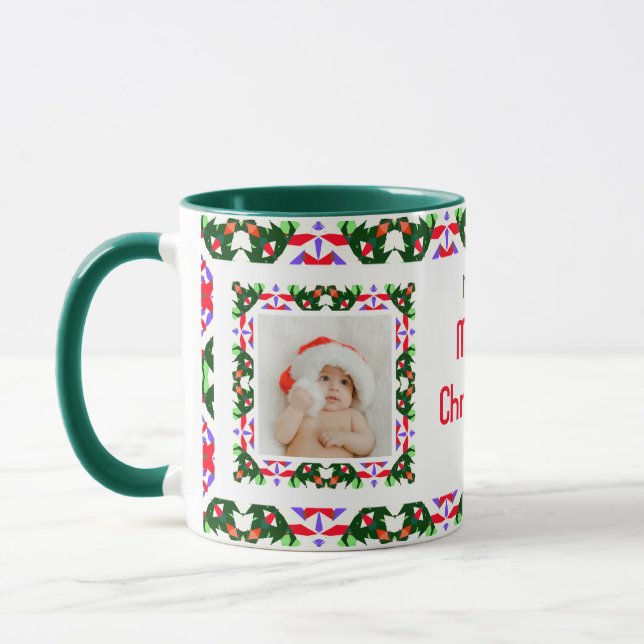 Caneca Foto do padrão verde de Natal Jolly Personalizado (Esquerda)