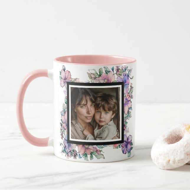 Caneca Foto Floral de Aquarela da Mamãe Mãe (Com Donut)