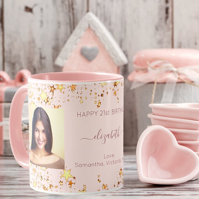 Caneca Foto personalizada de aniversário, rosa dourado, a (Criador carregado)