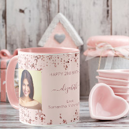 Caneca Foto personalizada de aniversário, rosa dourado, a