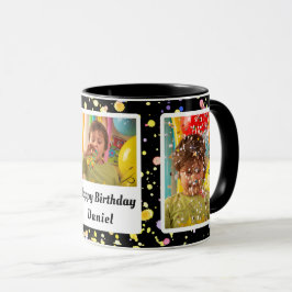 Caneca Foto personalizável preta Frames Birthday Confetti
