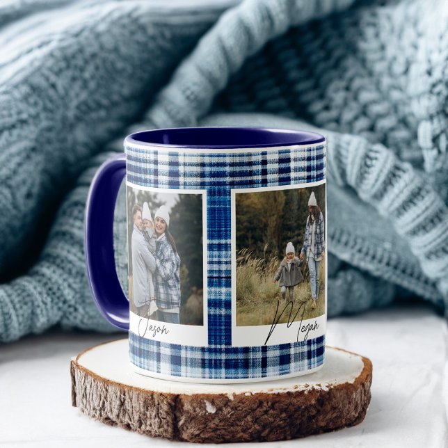 Caneca Fotos da família de tecidos Azul e Xadrez Branca (Cozy Blue and White Plaid fabric Family Photos Mug)
