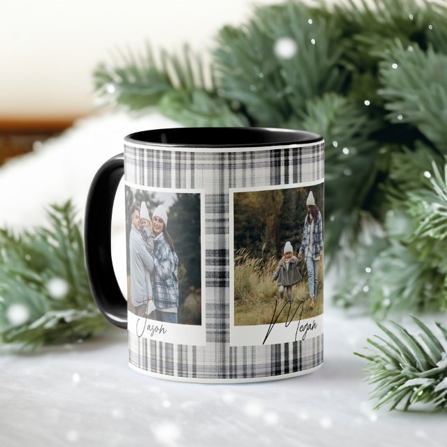 Caneca Fotos da família de tecidos Xadrezes preto-e-branc (Cozy Black and White Plaid fabric Family Photos Mug)