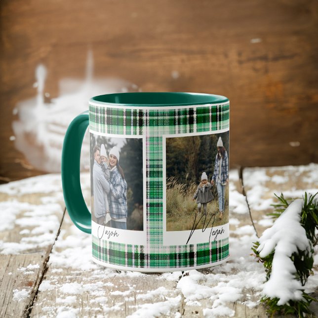 Caneca Fotos da família de tecidos Xadrezes Verde e Branc (Cozy Green and White Plaid fabric Family Photos Mug)