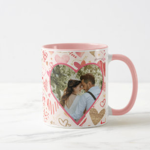 Caneca Fotos Personalizadas Rosa, Corações Dourados E Amo
