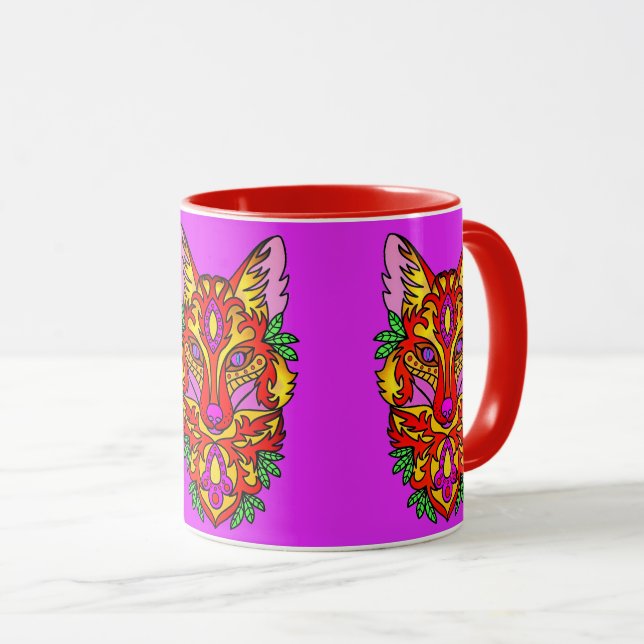 Caneca Fox boho abstrato art lobo boêmico vermelho roxo (Frente Esquerda)
