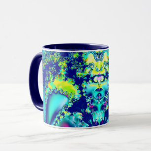 Caneca Fractal Verde Ciano abstrato azul