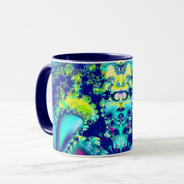 Caneca Fractal Verde Ciano abstrato azul (Frente Esquerda)