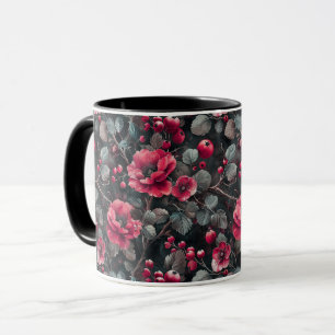Caneca Framboesa, flores de burguesia em cinzas escuras