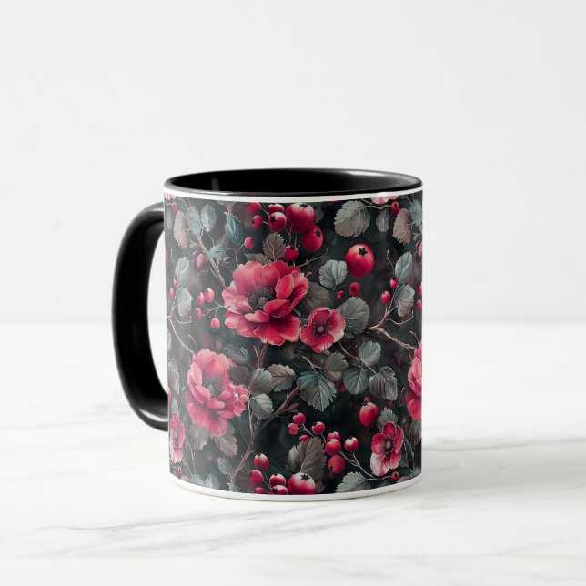 Caneca Framboesa, flores de burguesia em cinzas escuras (Frente Esquerda)