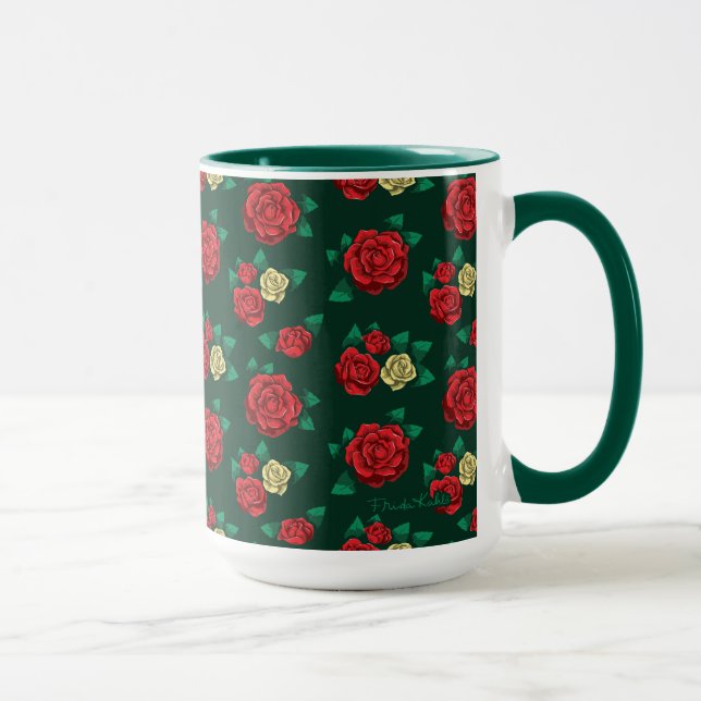 Caneca Frida Kahlo | vermelho e teste padrão cor-de-rosa (Direita)
