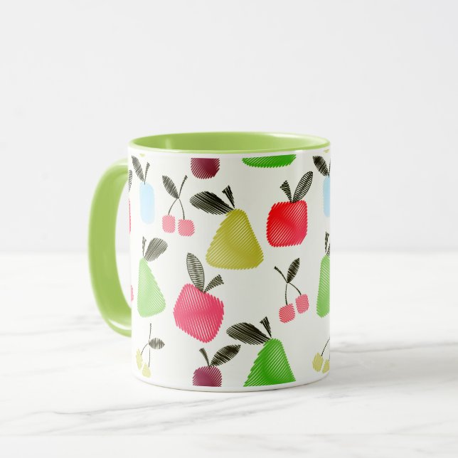 Caneca Frutas de desenho cartoon sem costura maçãs peras (Frente Esquerda)