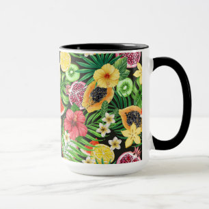 Caneca Frutas tropicais, flores e folhas a preto