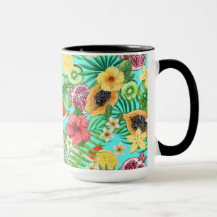 Caneca Frutas tropicais, flores e folhas em azul