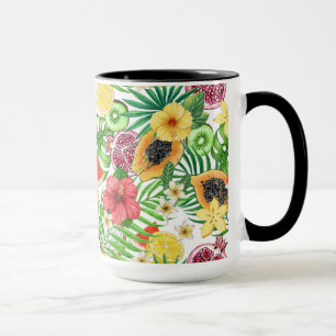 Caneca Frutas tropicais, flores e folhas em branco